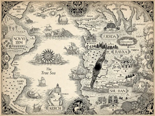 Vintage fantasy map with seas, islands, and fictional kingdoms illustrated by Sveta Dorosheva