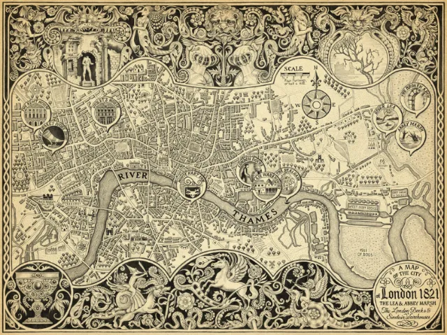 Intricate 1821 London city map with artistic border by Sveta Dorosheva