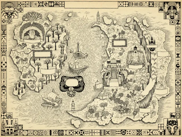 Fantasy map illustration featuring castles, forests, and rivers by Sveta Dorosheva