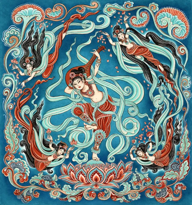 Five women in traditional attire dancing around a lotus flower with swirling patterns by Sveta Doros