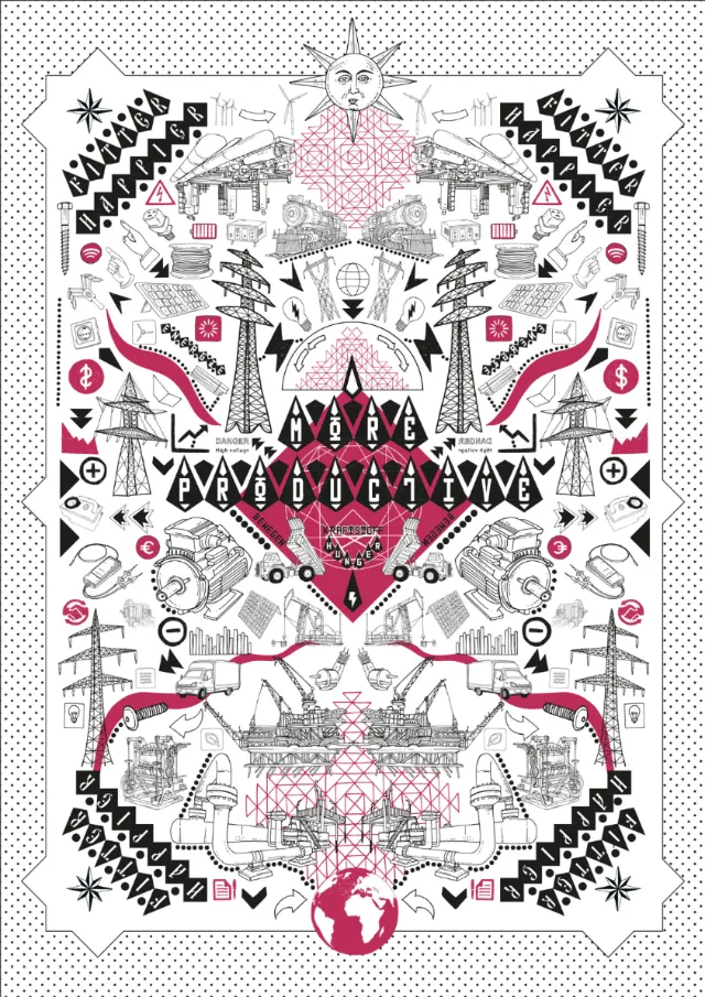 Symmetrical abstract artwork with geometric shapes and symbolic icons by Tobias Göbel