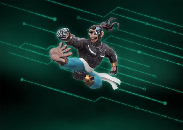Futuristic martial artist performing a flying kick in a digital background by Kai Klimiont
