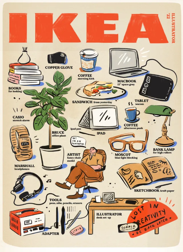 IKEA-themed creative workspace illustration with MacBook, plants, and coffee by Amber Day