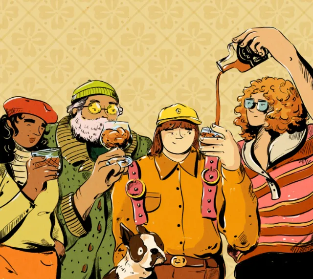 People and dog sharing coffee and pastries in lively scene by Amber Day