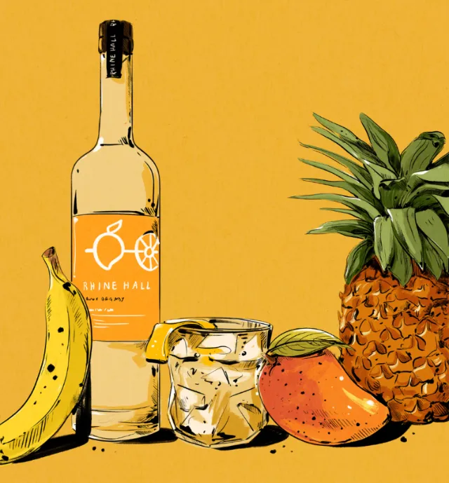 Illustration of bottle, glass with ice, banana, mango, and pineapple by Amber Day
