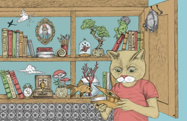 Anthropomorphic cat holding scissors in front of detailed bookshelf, by Carolina Zambrano