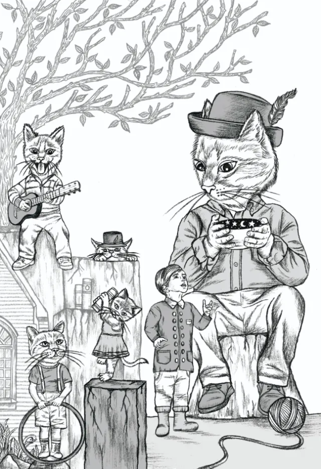 Anthropomorphic cats and a child in detailed graphite and color by Carolina Zambrano
