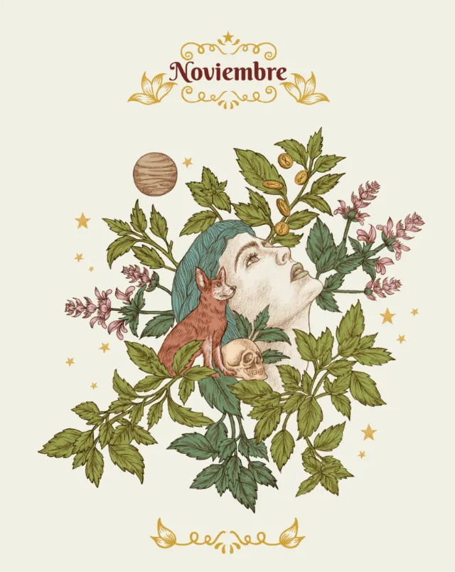 Illustration of a woman surrounded by leaves, a fox, and a snail by Carolina Zambrano