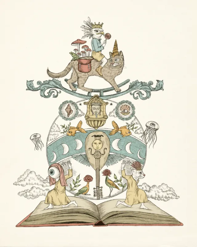 Surreal animal totem atop open book with moons and jellyfish, Carolina Zambrano