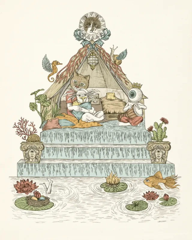 Surreal animal figures on a tiered platform by Carolina Zambrano