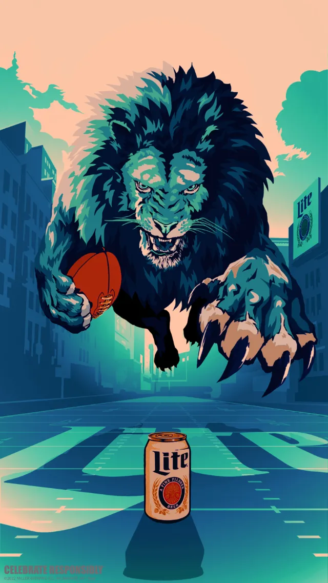 Ede Studio illustration of a roaring lion above a Miller Lite can