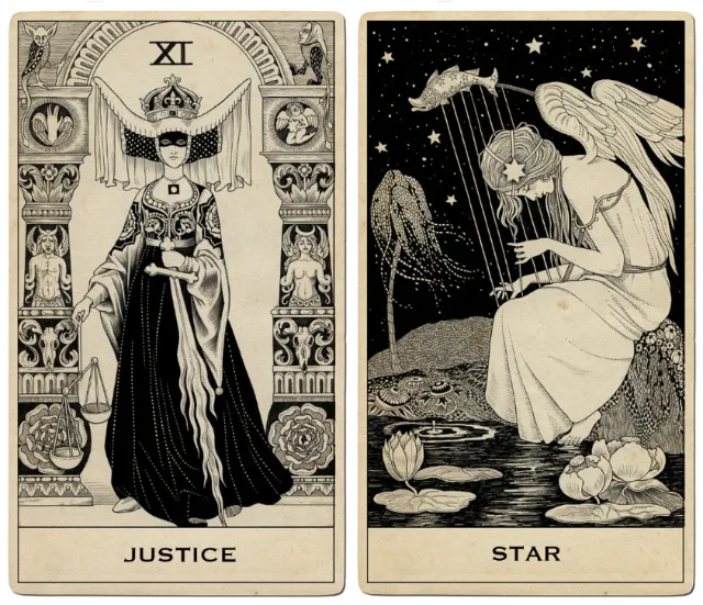 Justice and Star tarot cards detailed black and white drawing by Sveta Dorosheva