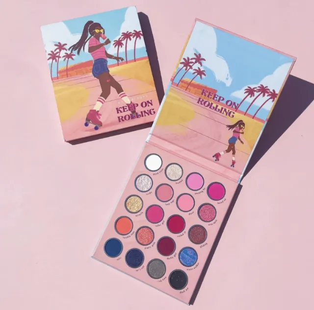 Eyeshadow palette with roller skating art and pink, blue, and neutral tones by Alex Cabal