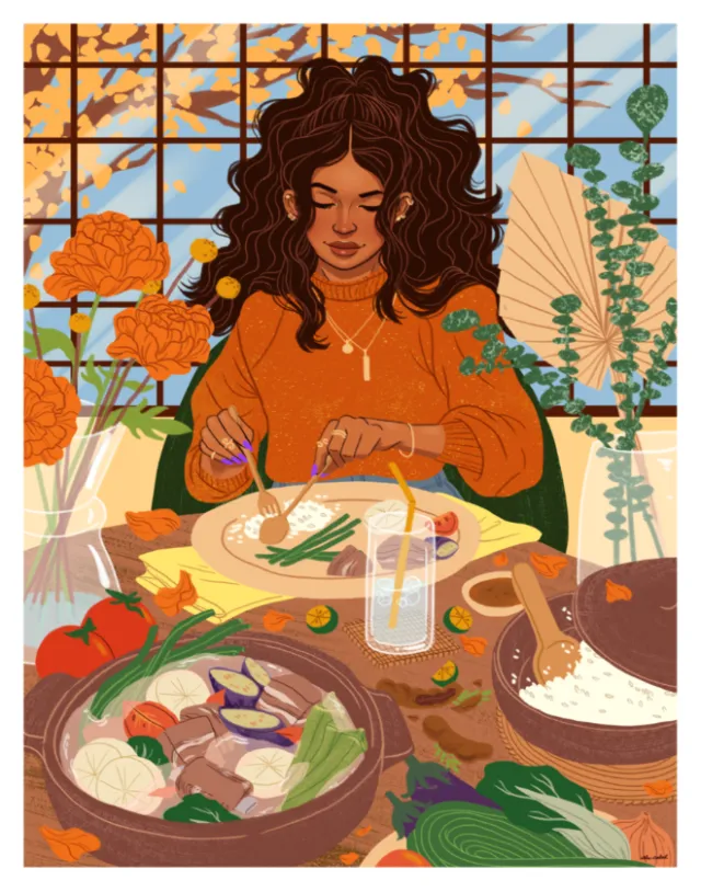 Woman preparing a meal with vegetables and rice at a table by Alex Cabal