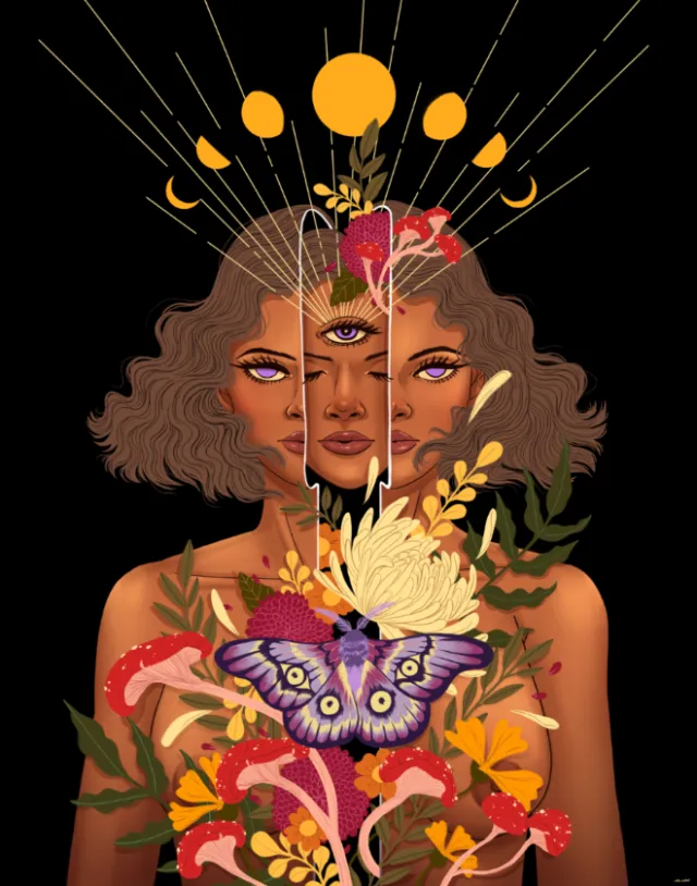 Surreal three-eyed woman with flowers, butterfly, and glowing brain by Alex Cabal