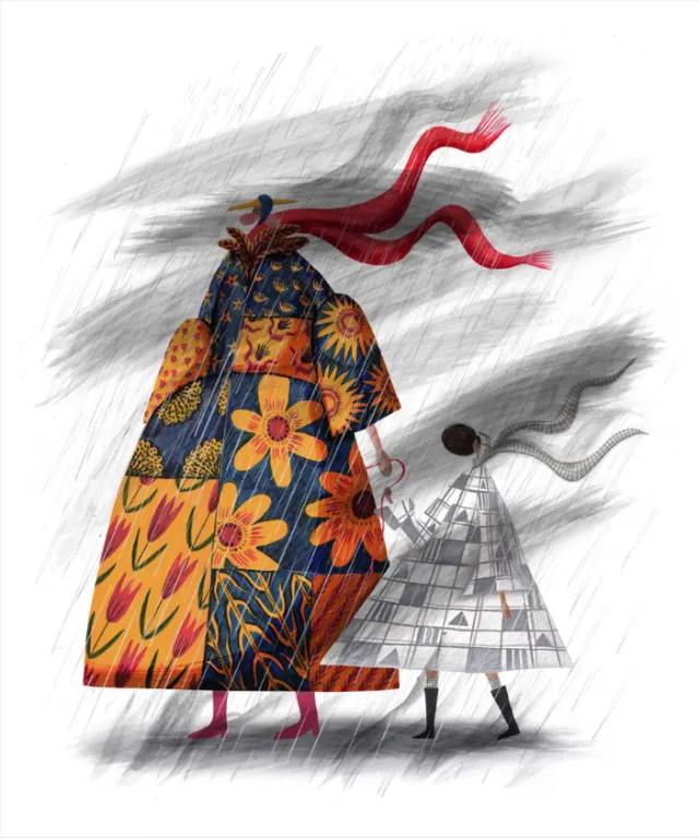 Stylized colorful patterned figures with flowing ribbon by Rosanna Tasker