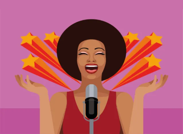 Joyful woman singing into microphone with stars behind her by Klaus Meinhardt
