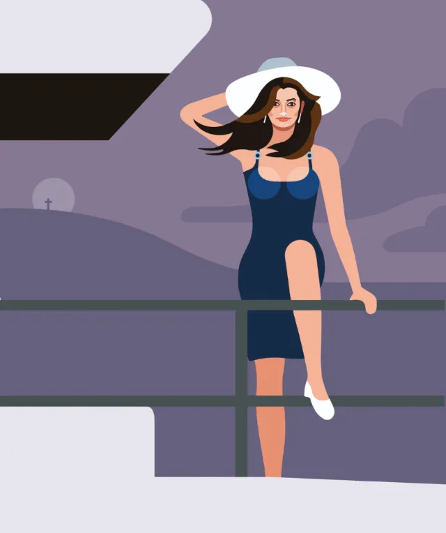 Woman in blue dress and white hat leaning on railing at night by Klaus Meinhardt