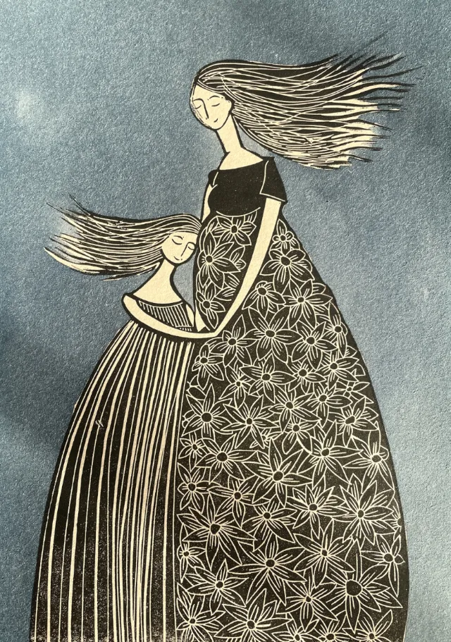 Mother embracing child with flowing hair and floral dress by Martha von Maydell