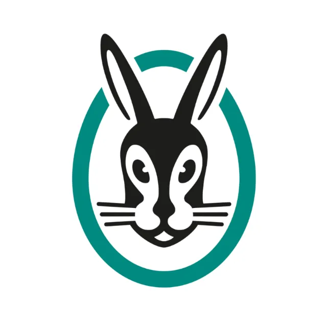 Stylized rabbit head logo inside teal oval by Albert Morell