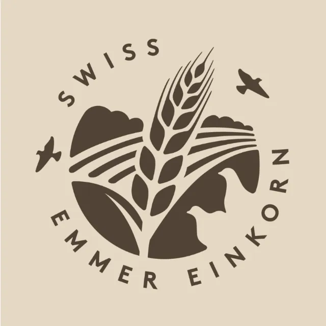 Stylized Swiss Emmer Einkorn grain logo with mountains and birds by Albert Morell