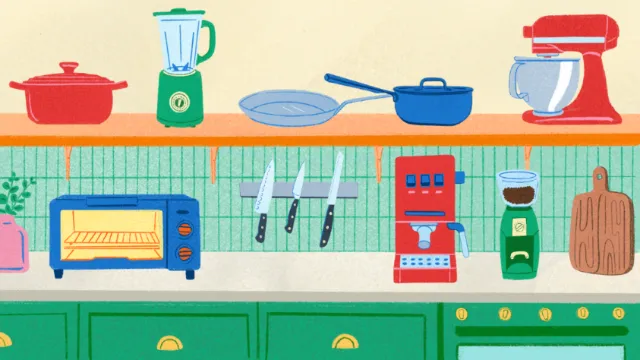 Colorful kitchen countertop with tools and appliances by Debs Lim