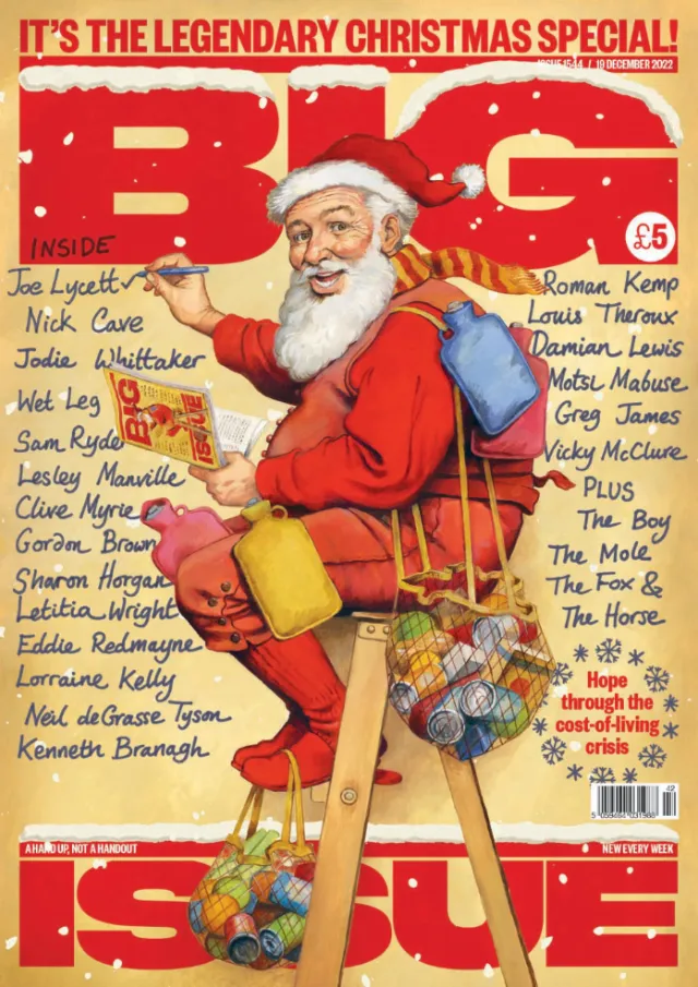 Santa Claus with sack on Big Issue magazine cover by Martin Hargreaves