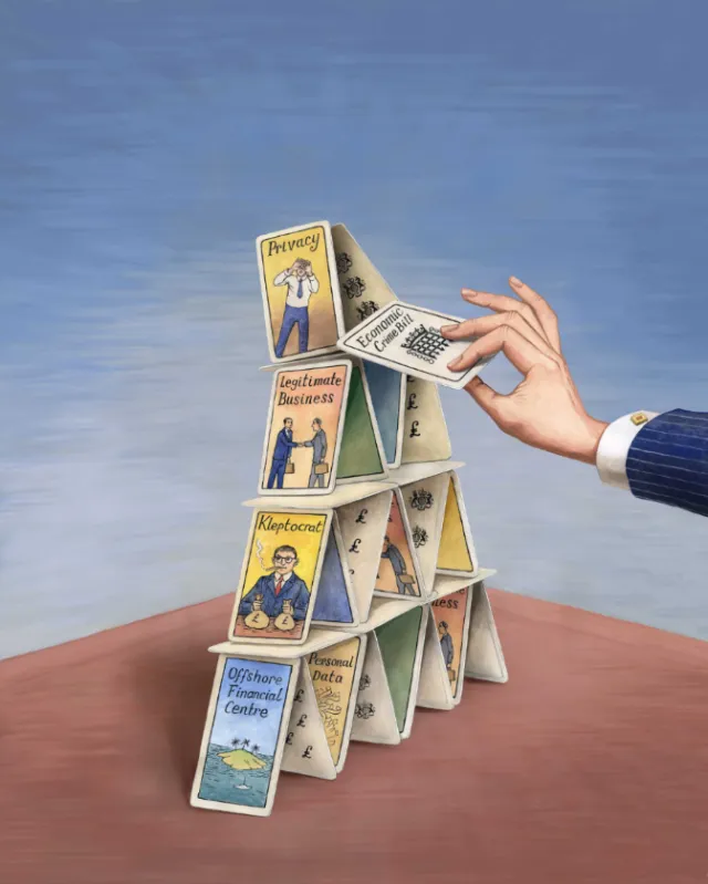 House of cards with financial illustrations by Martin Hargreaves