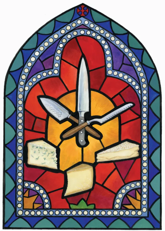 Stained glass window with clock hands and geometric colorful shapes by Martin Hargreaves