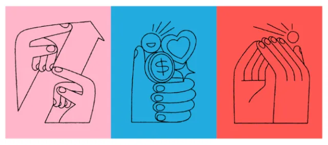 Minimalist line art of hands and symbols with colorful backgrounds by Joseph Carrington