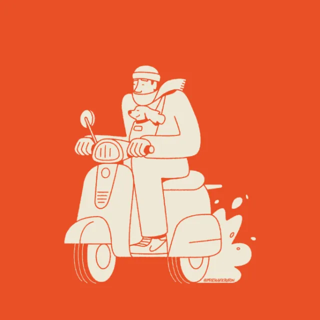 Man riding scooter holding dog illustration by Joseph Carrington