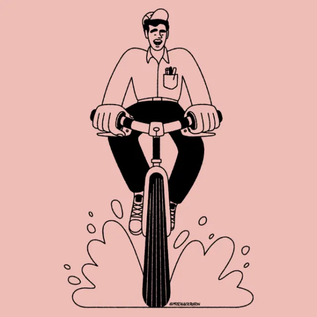 Black and white drawing of a man on a bicycle splashing water by Joseph Carrington