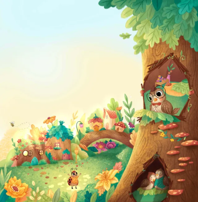 Whimsical treehouses and animals in a colorful fantasy landscape by Alyssa De Asis