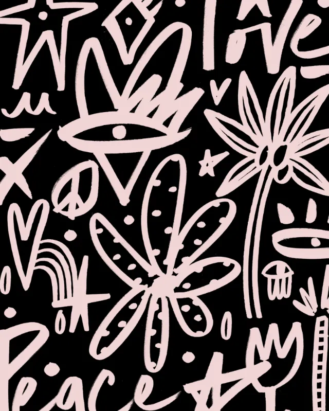 Abstract line art featuring eyes, flowers, and peace symbols by Nadia Flower