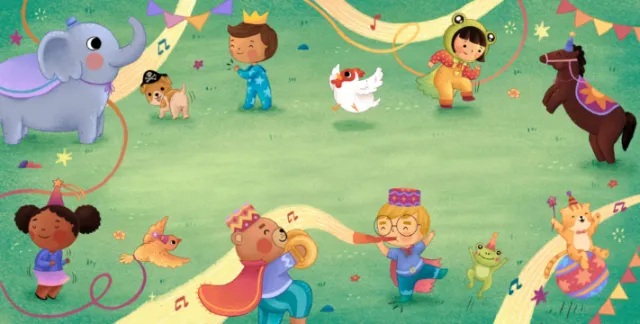 Colorful illustration of children in costumes playing with animals by Alyssa De Asis