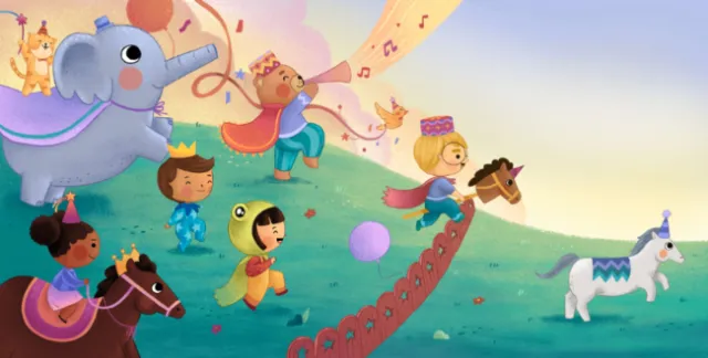 Children riding magical animals including an elephant and unicorn by Alyssa De Asis