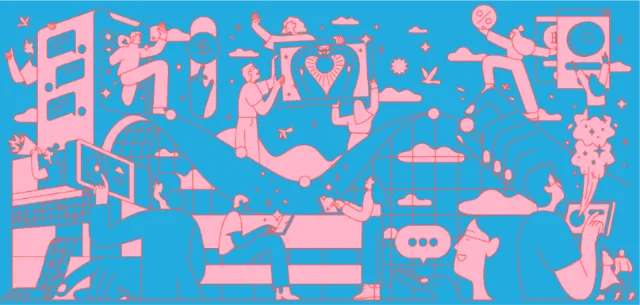 Abstract figurative artwork with dynamic pink figures on blue background by Joseph Carrington