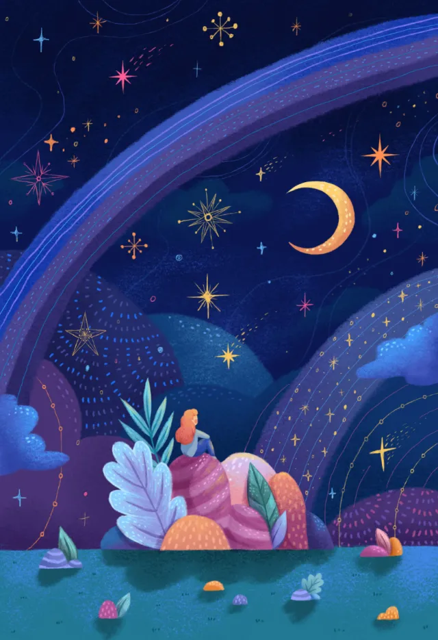 Girl sitting on colorful hills at night under starry sky by Alyssa De Asis