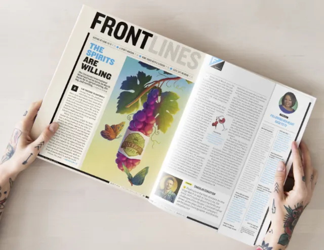 Illustration of a wine bottle and grapes in magazine layout by Luiza Laffitte