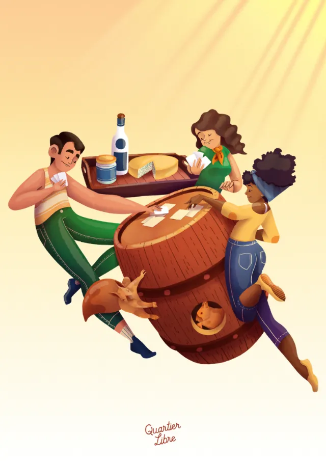 Three friends playing cards around a barrel table by Luiza Laffitte