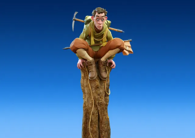 Climber sitting on top of wooden pole with climbing gear by RIVE GAUCHE
