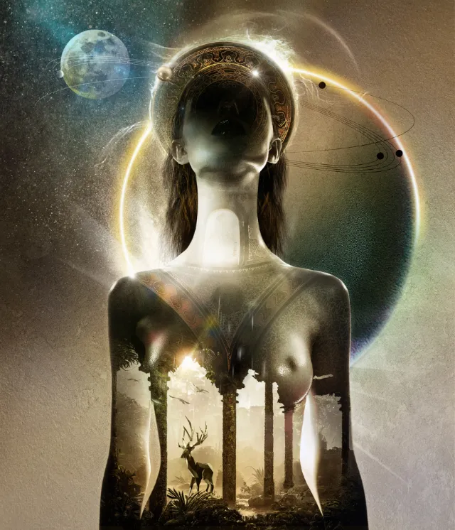 Surreal female silhouette with cosmic elements, planets and deer inside, by Patrick Boyer
