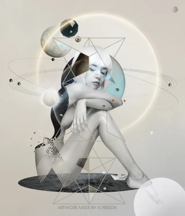 Digital artwork of a seated woman surrounded by geometric shapes by Patrick Boyer