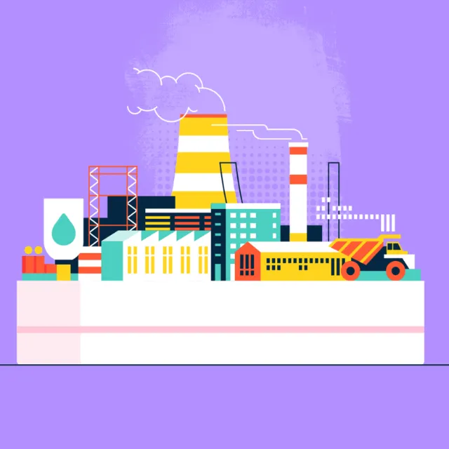 Illustration of an industrial factory with cooling towers by Stuart Holmes