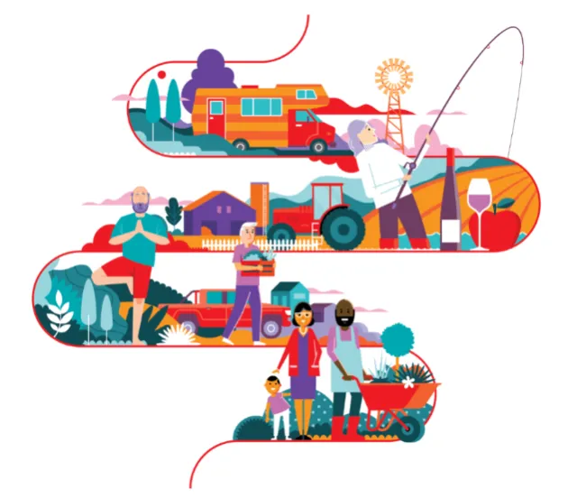 Illustration of seniors enjoying outdoor activities by Stuart Holmes