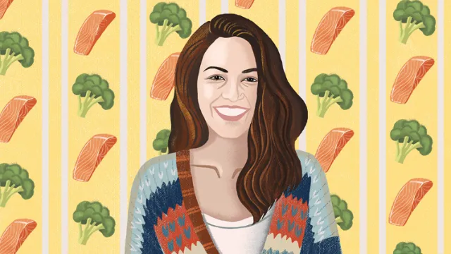 Digital illustration of a smiling woman with patterned broccoli and salmon background by Li Zhang