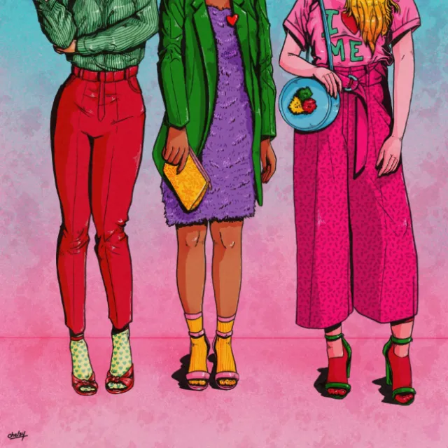 A cartoonish depiction of joyful ladies