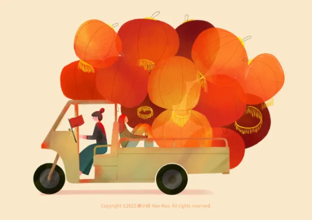Illustration of motorbike carrying many red lanterns by Hao Hao