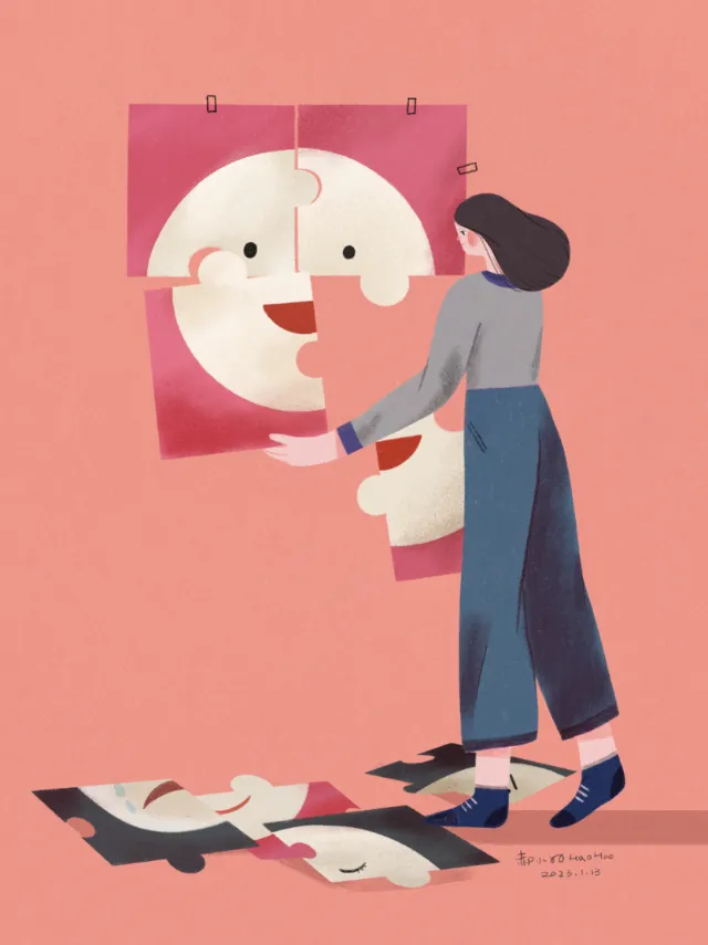 Woman assembling puzzle of smiling face on pink background by Hao Hao