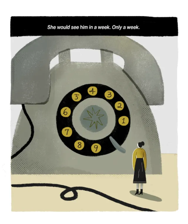 Woman standing near a large rotary phone with caption by artist Hao Hao